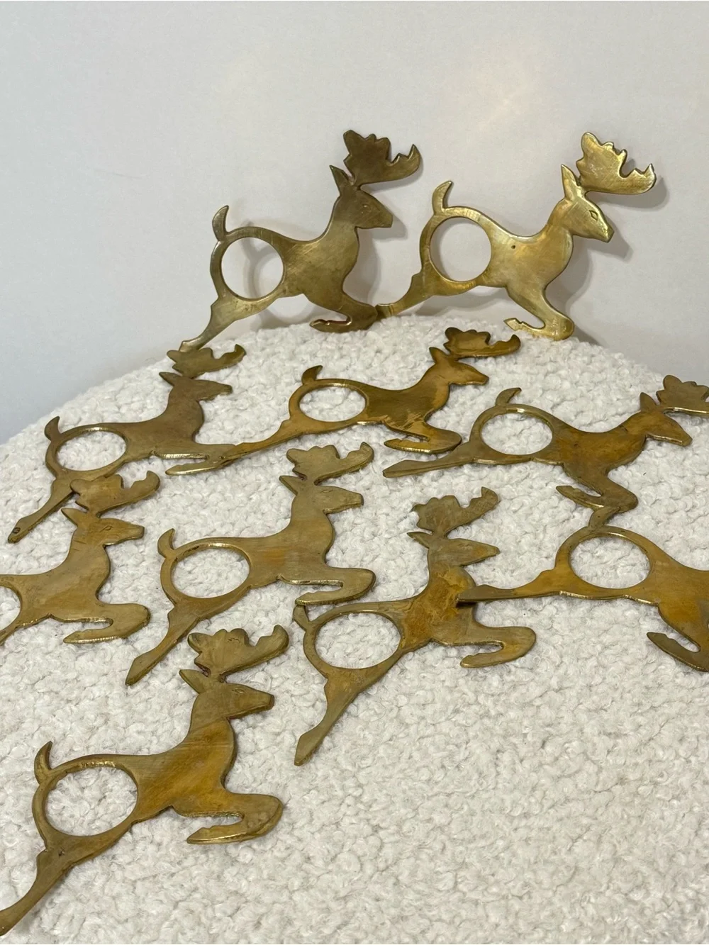 Set Of 10 Vintage India Brass Reindeer Napkin Rings Christmas Holiday Very Nice!